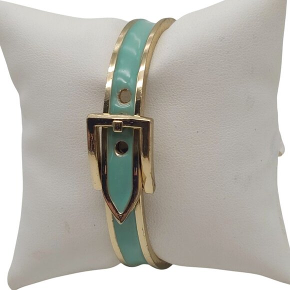 Mint Green Enamel Gold Tone Belt Buckle Bracelet Bangle - Picture 2 of 6